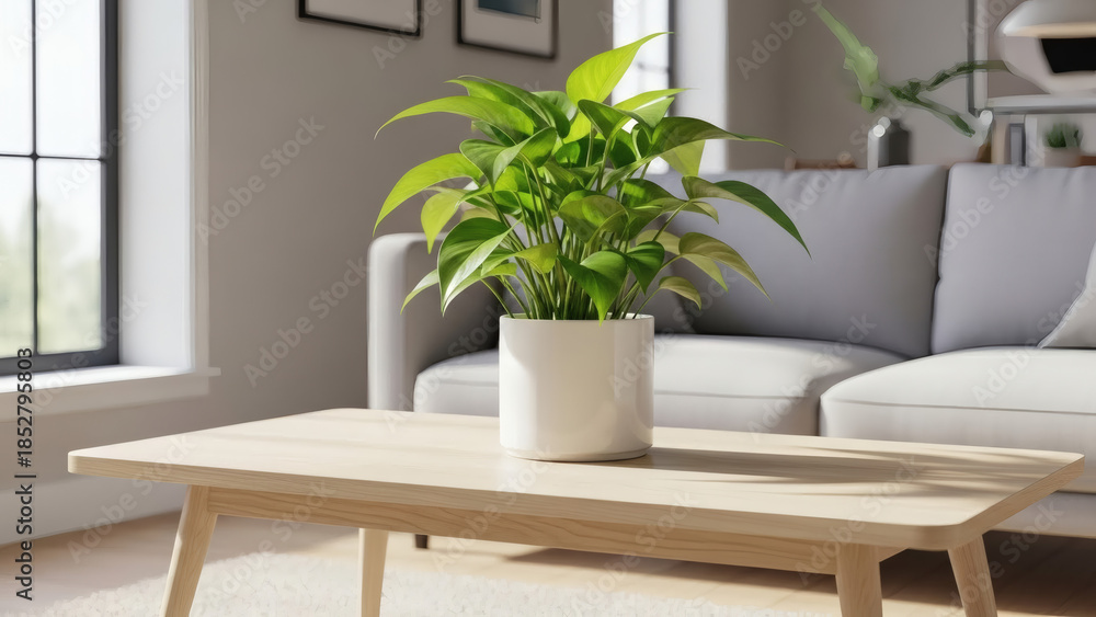 Naklejka premium Lush green houseplant in a white pot adorns a light wood coffee table in a bright minimalist living room