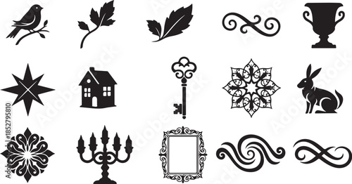 Collection of vintage silhouette icons and flourishes