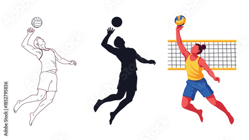 Volleyball player spiking the ball in three styles sketch, silhouette and colorful illustration with net