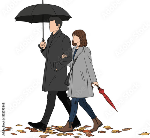 Create a Man and woman walking together outside on a grey autumn day vector art with white background..
