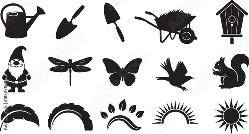 Garden gnome tools and nature silhouette icons
