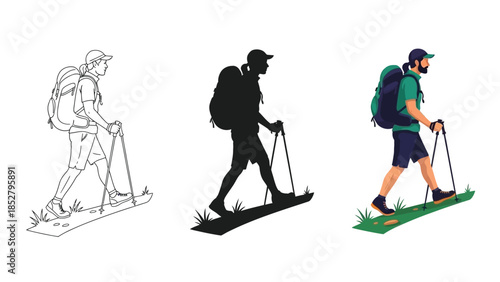 Hiker with backpack and trekking poles walking grass, shown in three styles outline, silhouette and full color illustration