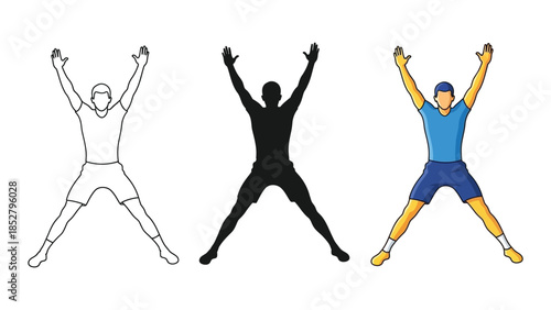 Jumping jack exercise illustration set outline, silhouette and color figure demonstrating aerobic fitness movement