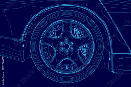 A detailed blueprint of a sport car wheel contour on a blue background, highlighting technical design and engineering specifications.