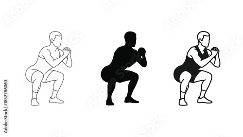 Set of three squat exercise icons showing different styles outline, silhouette and filled line art for fitness and workout concepts