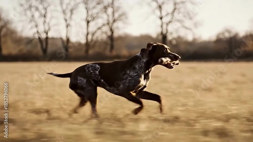 Energetic german shorthaired pointer dog running across a dry grassy field during autumn daylight