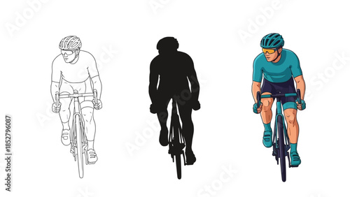 Set of three cyclist illustrations line art sketch, black silhouette and full color vector graphic of a man riding a road bicycle