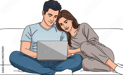 Create a Man sitting on a sofa and looking at a laptop together with his girlfriend vector art with white background.