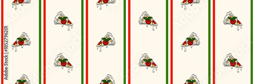 Seamless pattern with pizza slices, tomatoes, herbs and cheese on a warm background. Italian food theme suitable for packaging, restaurant branding, textiles, stationery and kitchen decor