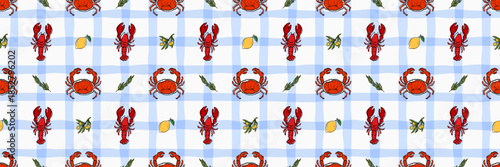 Seamless Mediterranean seafood pattern with red lobster plates and yellow lemons on a blue checkered background. Decorative repeat for kitchen textiles, table linens, packaging and restaurant design