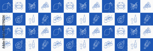 Seamless pattern with Mediterranean food icons in blue and white tiles. Italian bg seafood, pizza, lemon, tomatoes, lobster, crab, olives and wine for packaging, textiles and decorative surfaces