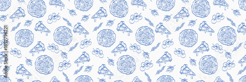 Hand-drawn pizza pattern with clean lines and a retro Mediterranean mood. Works well for wallpaper, bakery packaging, and decorative culinary textiles