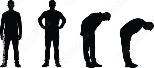 Set of black vector silhouettes of a man standing straight and bowing down as a sign of respect isolated on white background