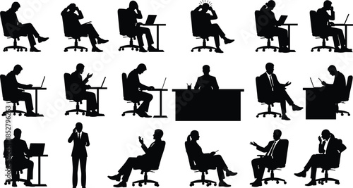 Set of black vector silhouettes of business people sitting at desks working on laptops and phones isolated on white background