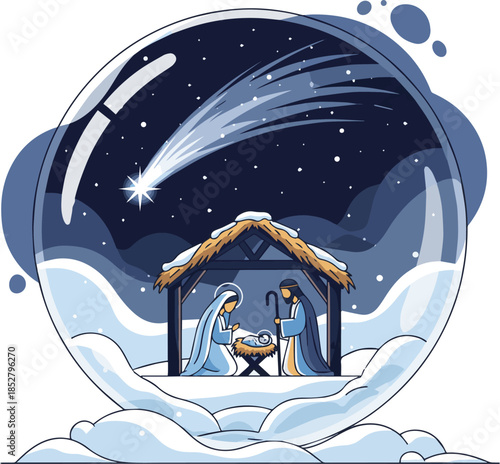 Create a Nativity Of Jesus With Comet Star - Scene With The Holy Family In Globe Glass - Snowy Abstract Night vector art with white background..