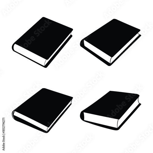 Set of four black isometric book icons for learning and study.