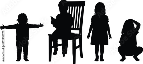 Set of four black silhouettes showing children playing and sitting boy reading book vector illustration isolated on white background