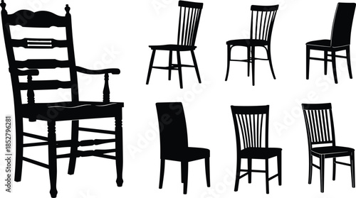 Set of black vector silhouettes representing different wooden chairs including vintage armchair and dining seats isolated on white background for interior design.
