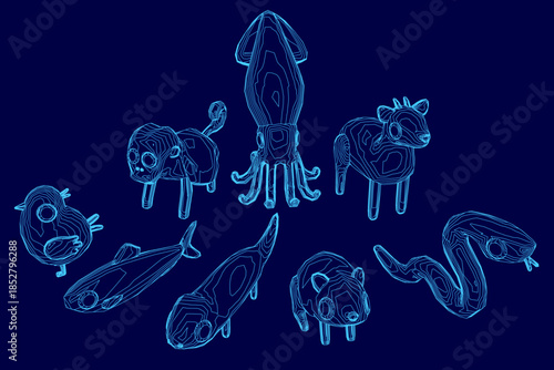 Low poly animal set includes a squid, fish, cat, dog, and bird in a sketch-like contour style on a blue background.