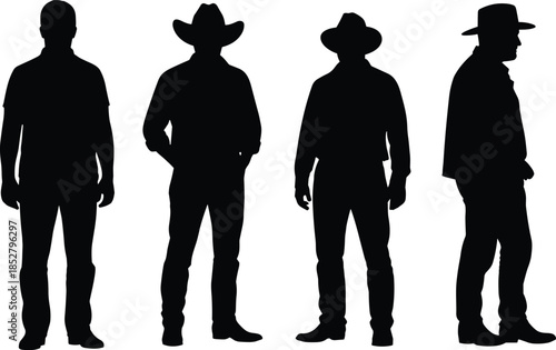 Set of four standing men silhouettes including cowboys with hats and casual guy vector illustration isolated on white background