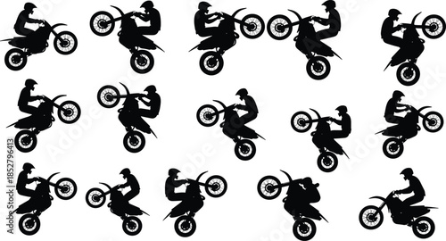 Vector set of black silhouettes of motocross riders performing stunts and wheelies on dirt bikes isolated on white background