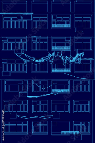 Detailed blueprint of a building facade featuring numerous windows, balconies, and doors in a classic architectural plan.