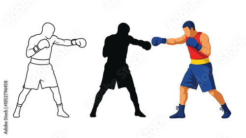 Set of three boxing figures outline drawing, black silhouette and full color illustration of a boxer punching