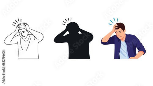 Man suffering from headache, stress, migraine, or illness, shown in three styles outline, silhouette and full color illustration
