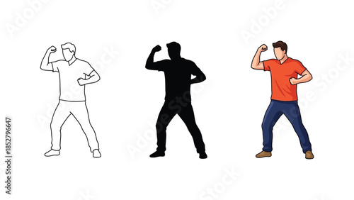 Man in fighting stance, showing three styles outline, silhouette and full color illustration
