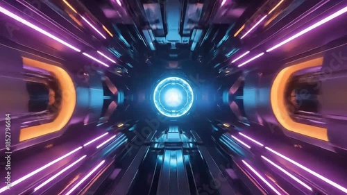 Abstract futuristic tunnel with neon lights and central orb creates a sci-fi atmosphere