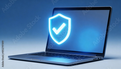 Cybersecurity concept, digital shield icon glowing over laptop, blue tones, professional corporate style, modern minimalistic technology background.