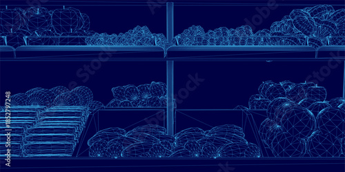 A blueprint-style grocery store wireframe displays shelves stocked with fruits and vegetables against a deep blue background.