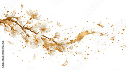 白背景に金の筆跡と桜が舞う、華やかで高級感あふれる和モダン背景