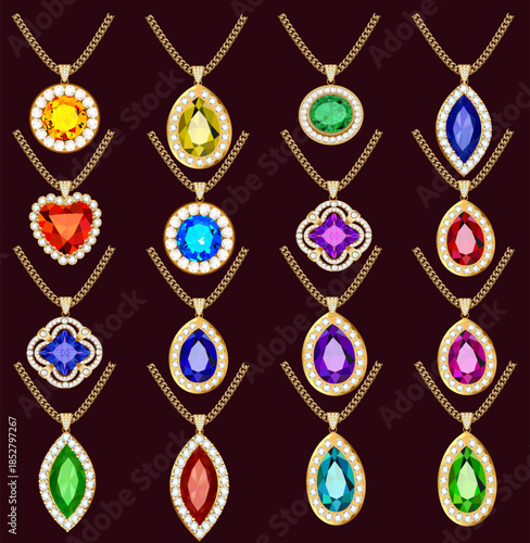 Collection of gold-chained pendants with colorful gemstones in various shapes for luxury jewelry display