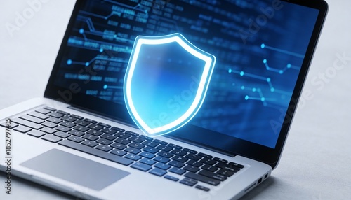 Cybersecure, worldwide internet network security technology, privacy digital data protection concepts. Safety shield icon hologram appears while person work with digital tablet computer, blue tone.