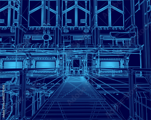 A futuristic city building blueprint reveals its detailed interior through a complex wireframe of numerous windows.