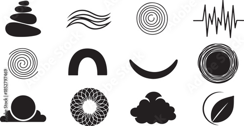 Black silhouette icons for meditation and balance