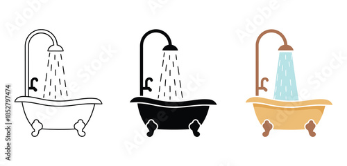 Bath and shower icon set, featuring a bathtub with a showerhead, flowing water, and bubbles, representing relaxation, hygiene, personal care, minimalistic design, and modern bathroom vector 