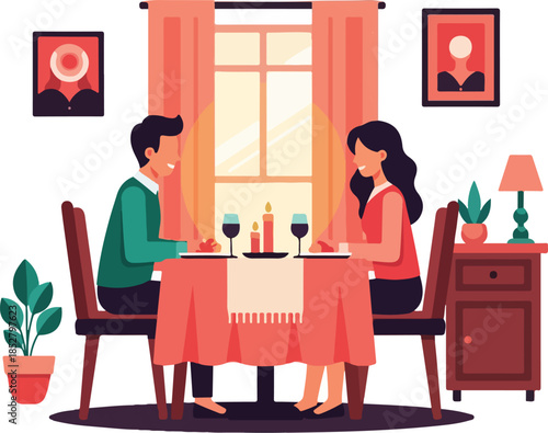 A digital illustration of a romantic couple sitting at a dinner table with wine glasses, surrounded by warm-toned decor and plants, on Valentine’s Day. Perfect for Valentine’s Day