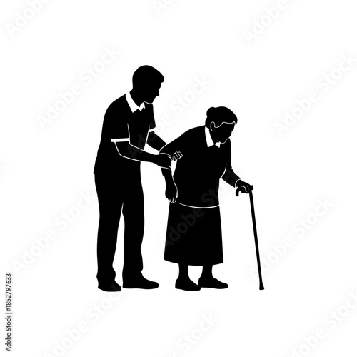 Elderly care support silhouette isolated on transparent background