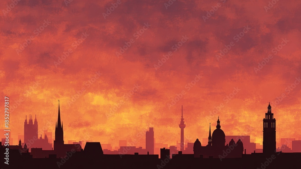Naklejka premium Cityscape silhouette against dramatic red sky illustration architectural background