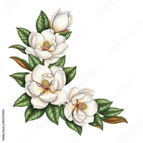 Elegant White Magnolia Corner Border Vector Illustration: Blooming Magnolias, Glossy Green Leaves on Transparent Background for Wedding Invitations, Cards, Southern Designs