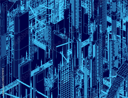 A futuristic city blueprint with intricate building contours creates a vibrant, bustling cityscape. The vivid blue lines stand out against the detailed urban backdrop.