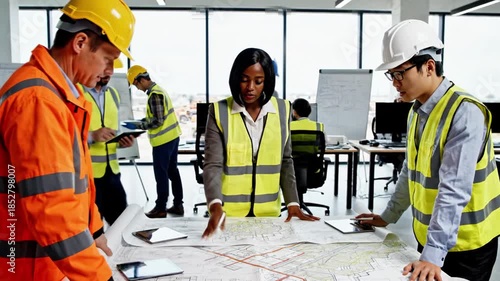 A group of construction workers in safety gear gathered around a table studying blueprints