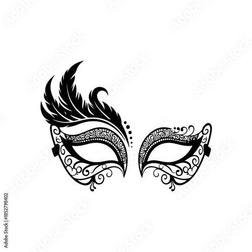 Venetian masquerade mask with feathers isolated on transparent background
