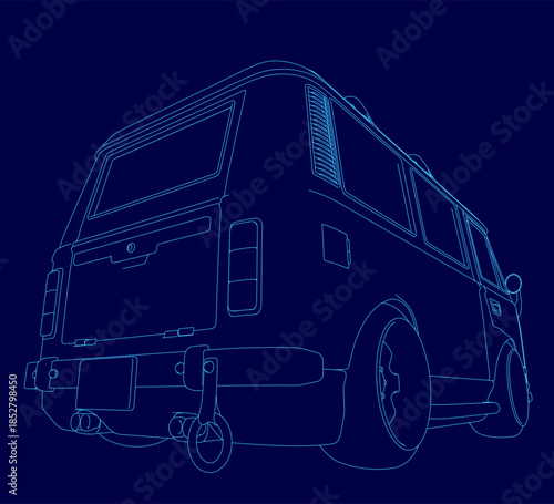 Detailed blueprint of a minibus contour on a solid blue background. The technical drawing highlights the vehicle's precise outline and structural details with excellent contrast.
