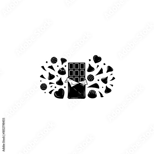 Chocolate bar with assorted chocolates isolated on transparent background