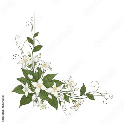 White jasmine flower and vine corner border. Hand drawn botanical floral frame with green leaves and swirls. Elegant spring garden illustration for wedding invitation or card decoration.