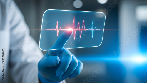 Medical professional interacting with digital ECG heartbeat interface