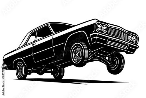 lowrider with extreme suspension articulation, front and rear lifted unevenly